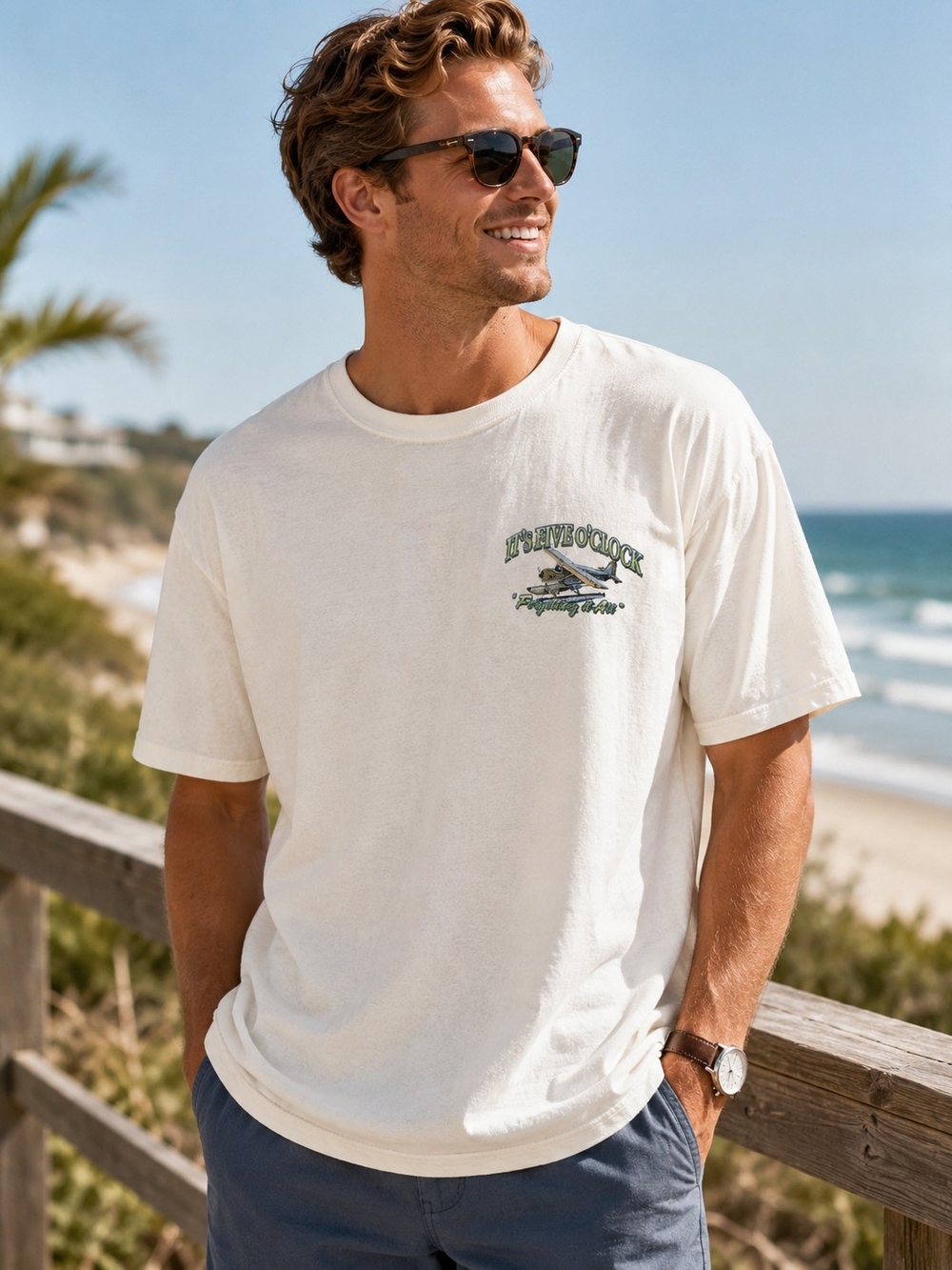 Newport Blue XL It's Five O'Clock Beach Beer Graphic T Shirt 100% Cotton Plane